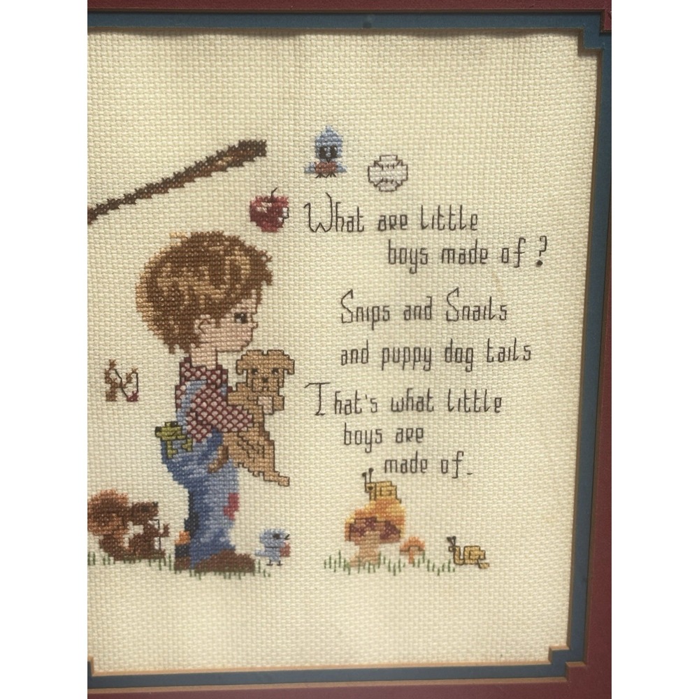 Vtg  70s Little Boys Framed Black Forest Rustic Cross Stitch Picture Cottagecore - Picture 2 of 7